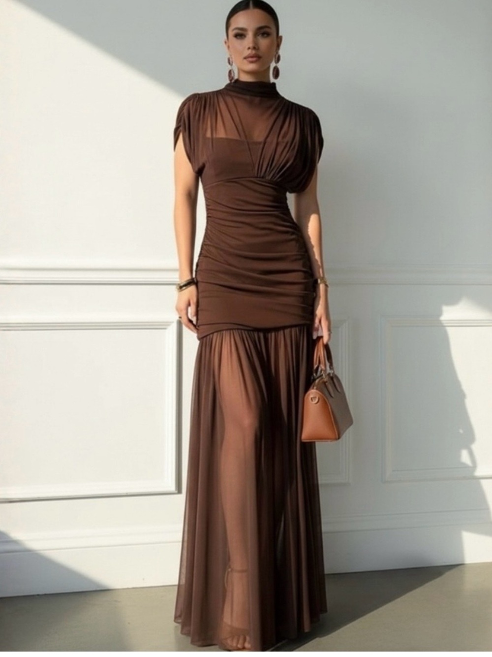 NWT Elegant Zara Brown Draped Maxi Dress with Sheer panels